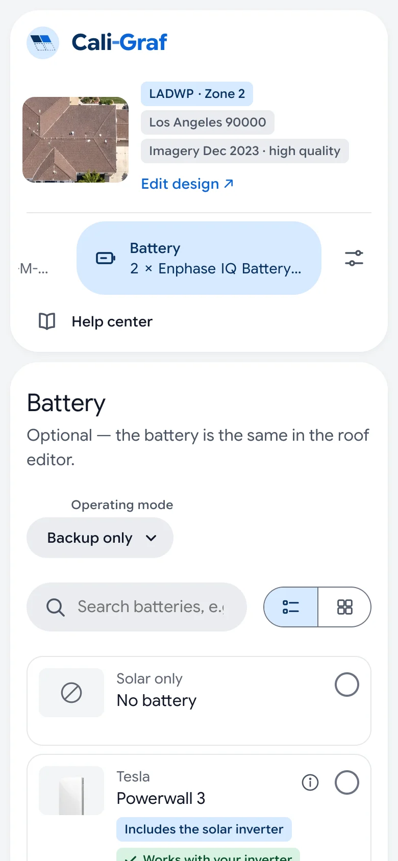 Cali-Graf calculator on a phone: section row at the top, the Battery section below