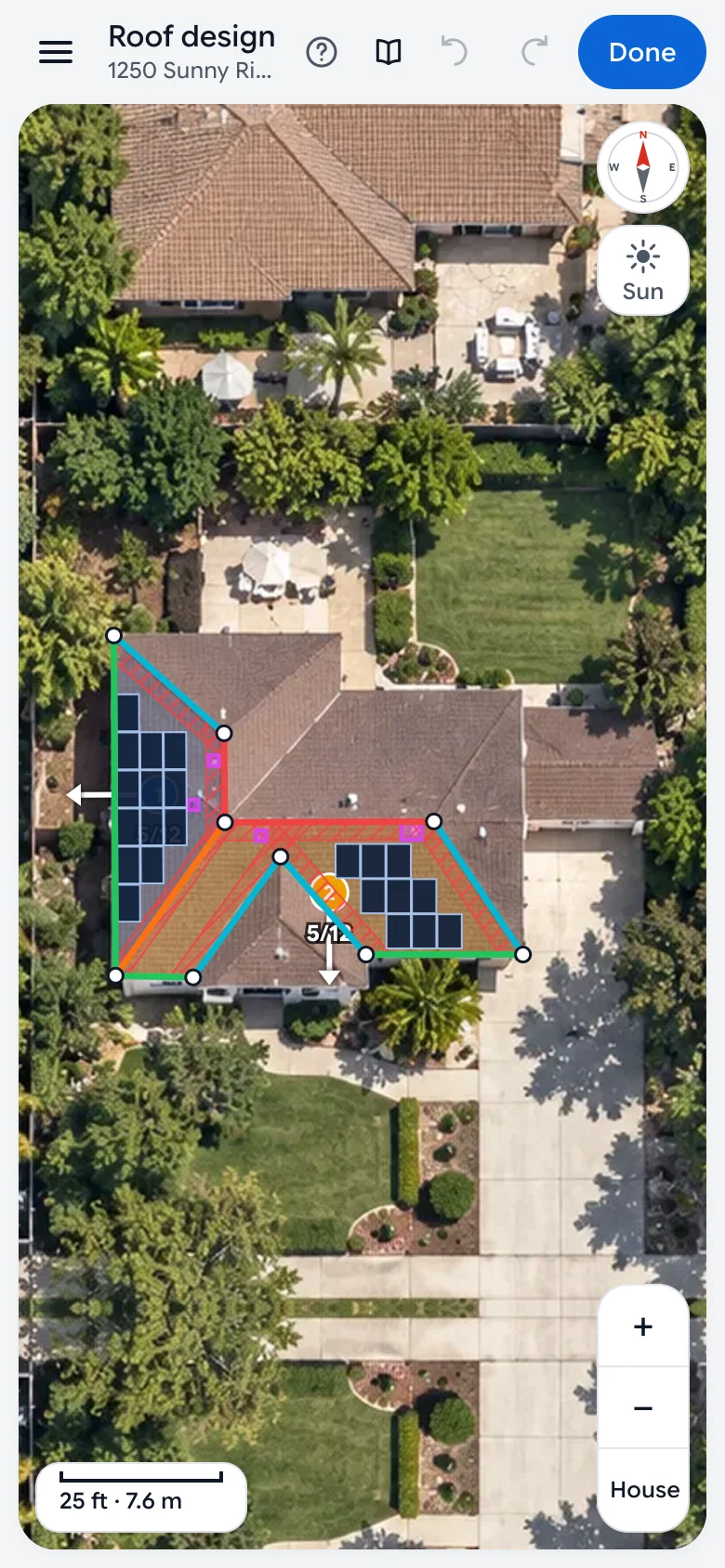 Roof editor on a phone with traced roof faces and panels