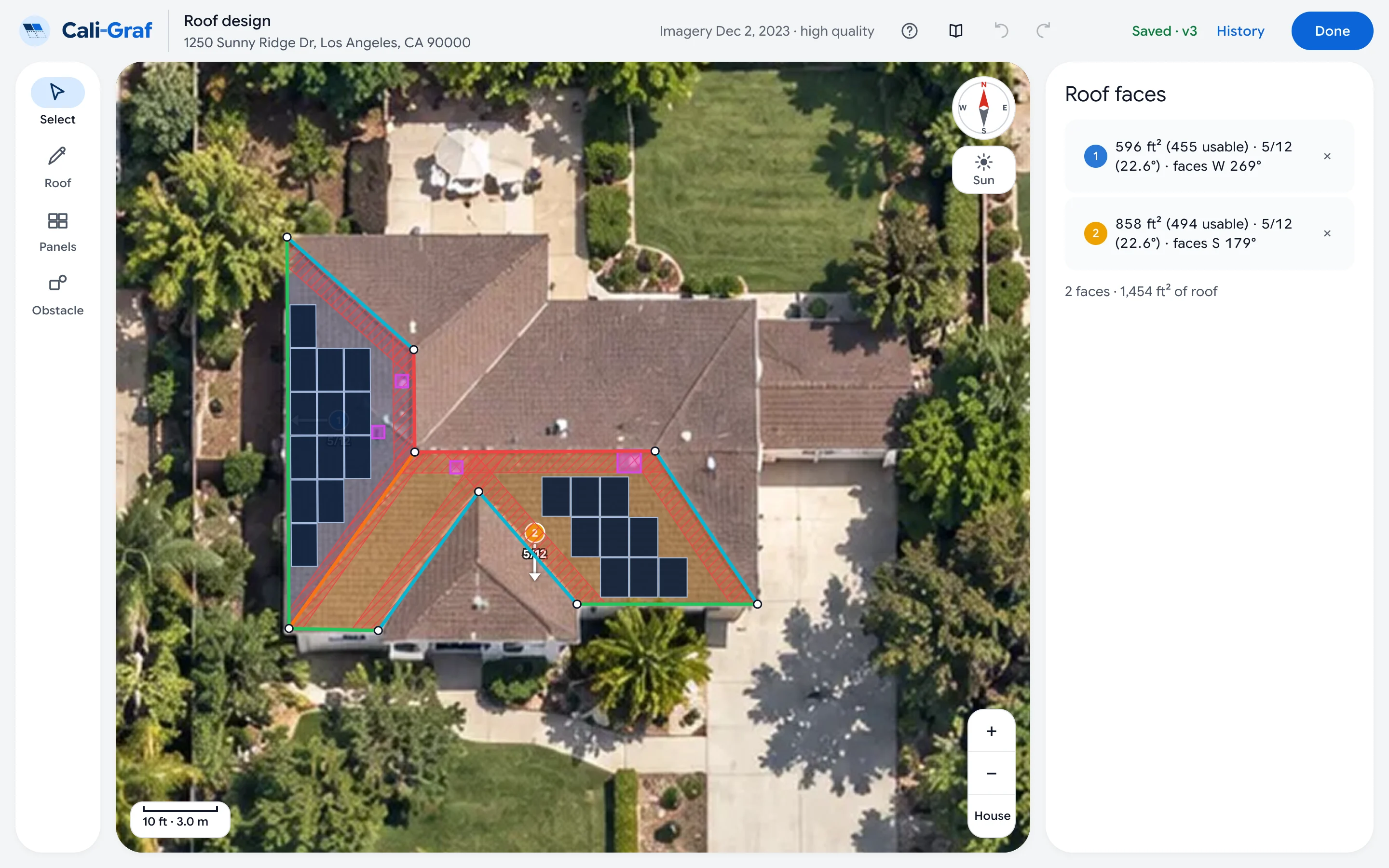 Roof editor with two roof faces traced and panels placed