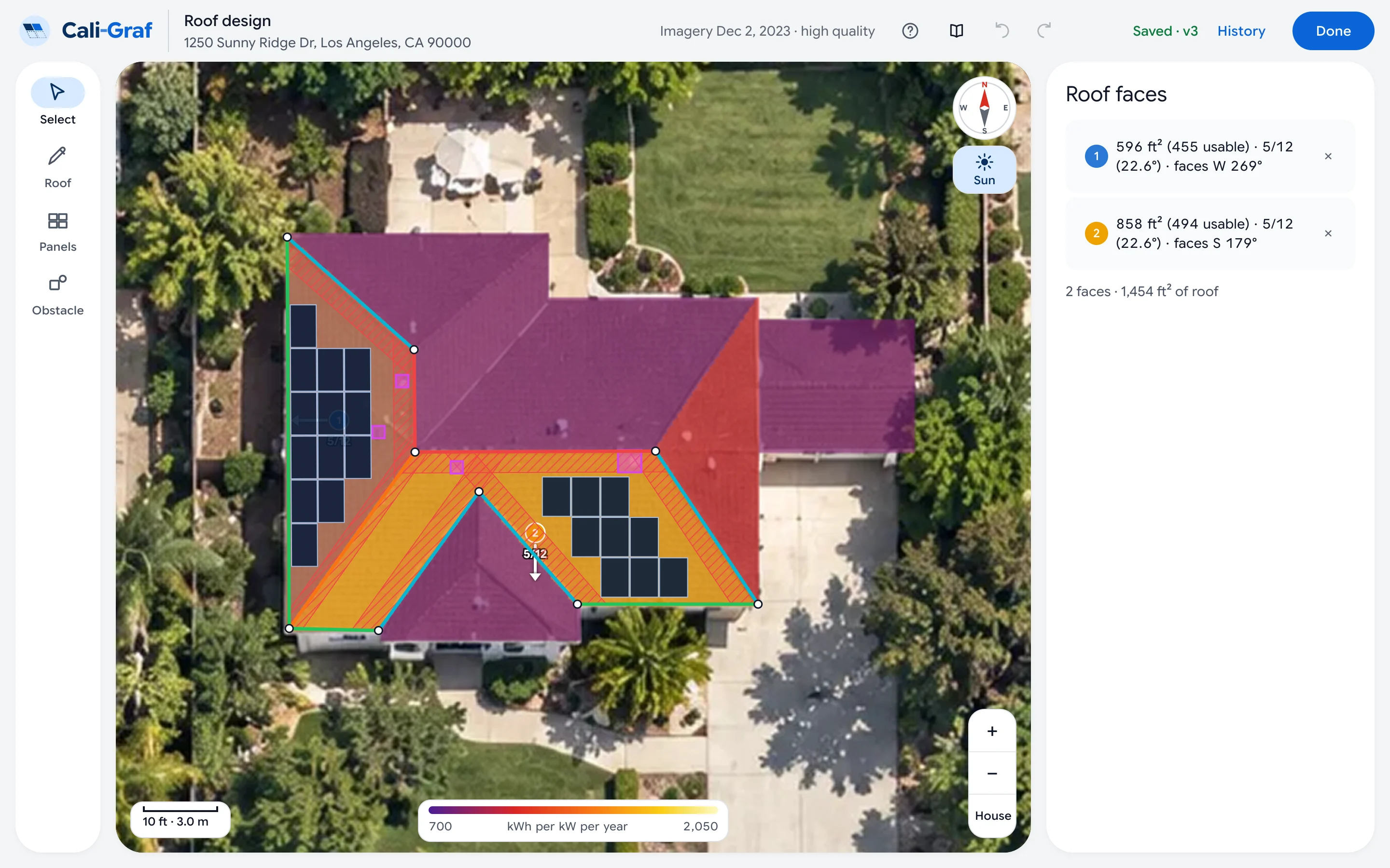 Roof editor with the sun map on: roofs colored from purple to yellow by yearly sun