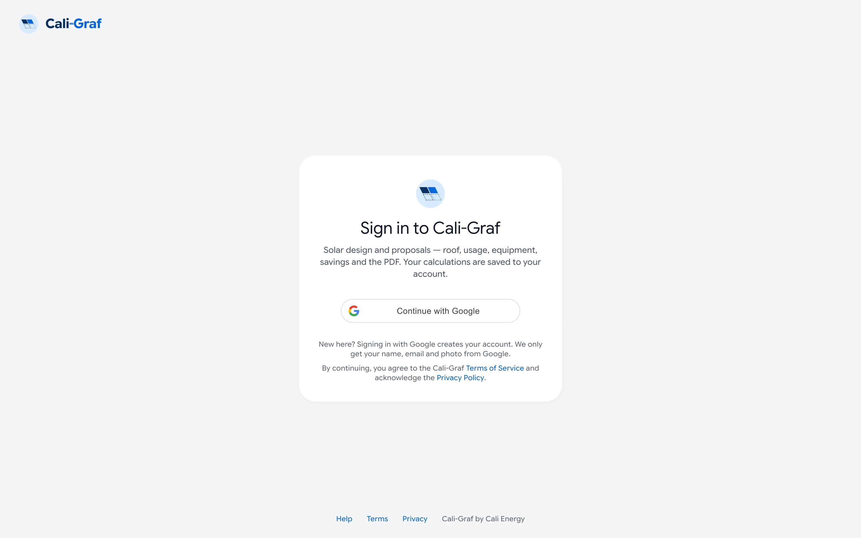 The Cali-Graf sign-in page with the Continue with Google button